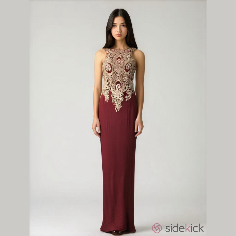 Let's Prom Halter Dress Maroon Gold Applique Lace Bead Sequin Small